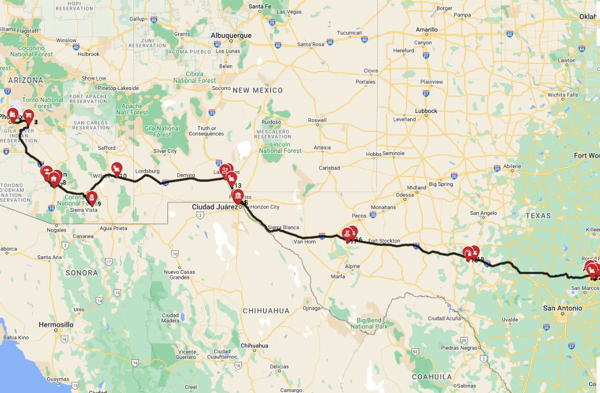 Map for Phoenix to Austin